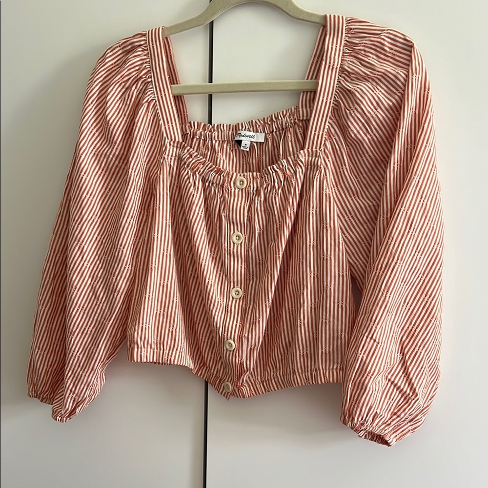 Madewell Rust-Striped Square-Neck Button Crop Blouse